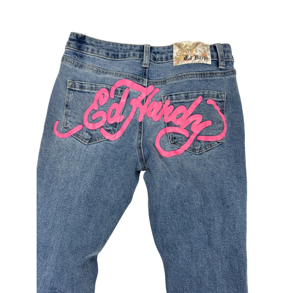 Ed Hardy Y2K Low Rise Flare Jeans Womens 26 Skull Rose Tattoo Graphic Logo Denim - Picture 5 of 8